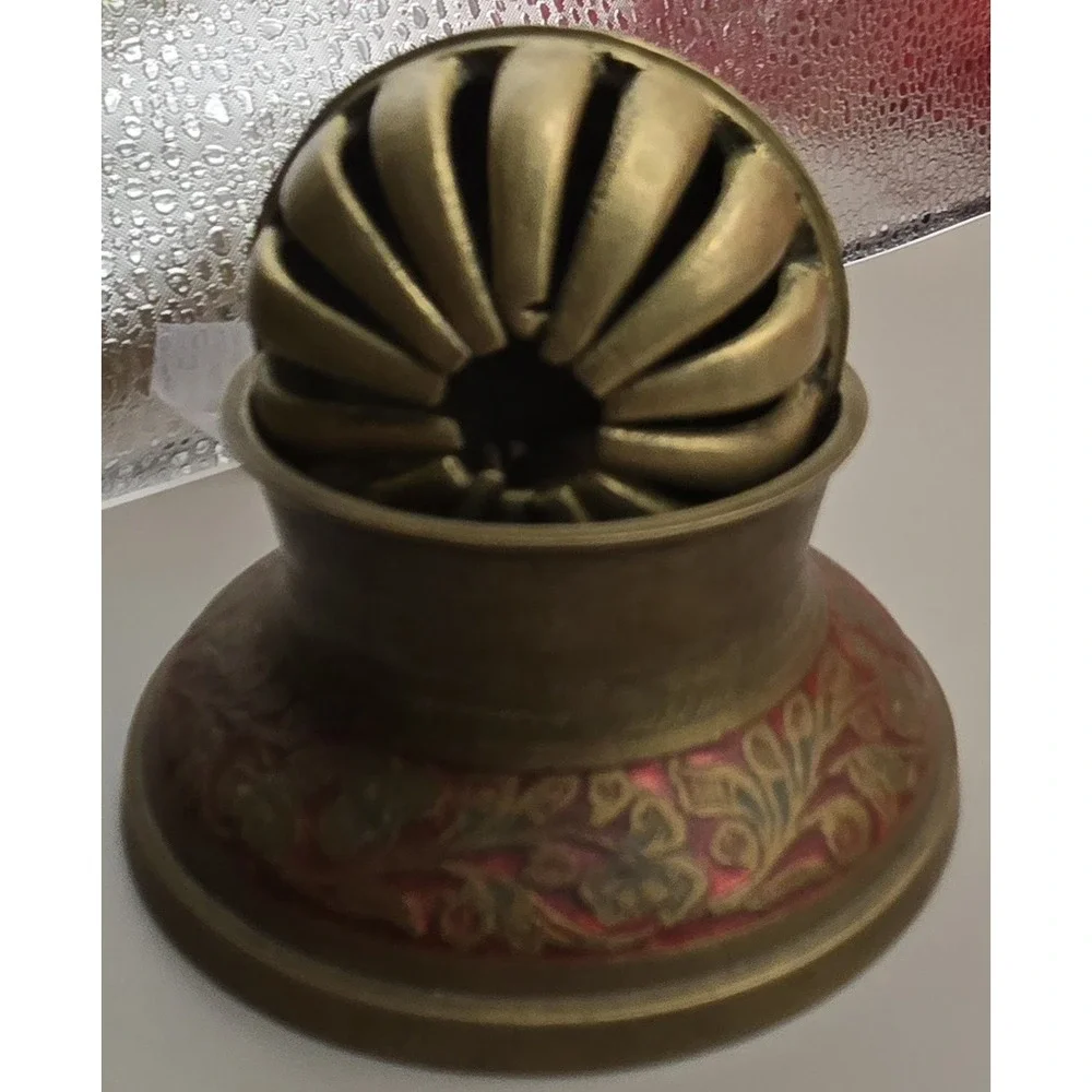 1940s Solid Brass Elephant Claw Bell Red & Green Inlayed Floral Pattern 2 Pieces